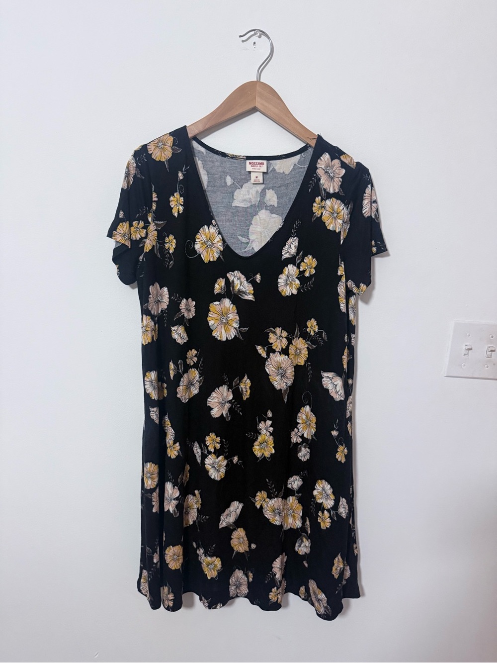 Mossimo Supply Co. Black Floral V-Neck Dress with Yellow and Cream Flowers